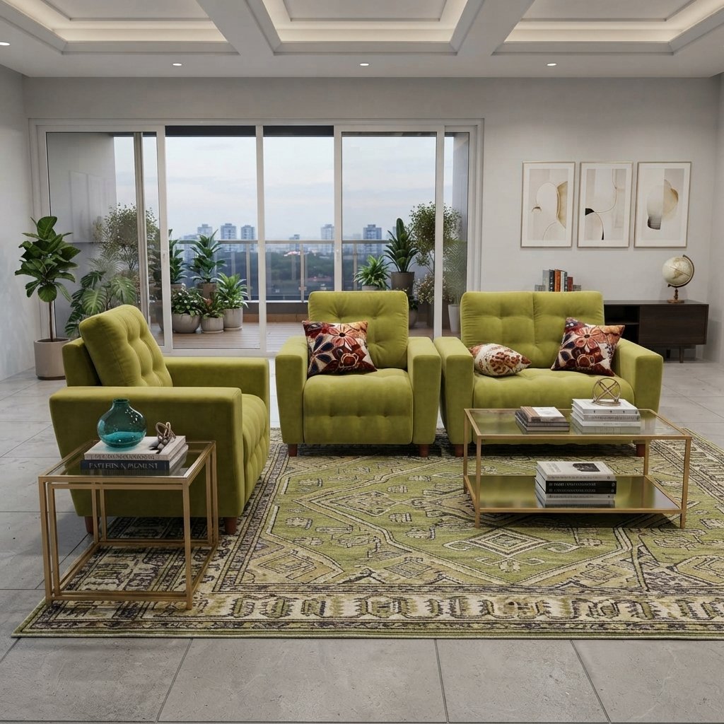 Ensemble Salon Harmonie — Velours Olive & Coussinage Capitonné