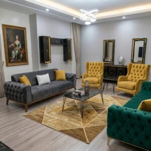 Ensemble Salon Prestige — Collection Bicolore Gris, Émeraude & Moutarde