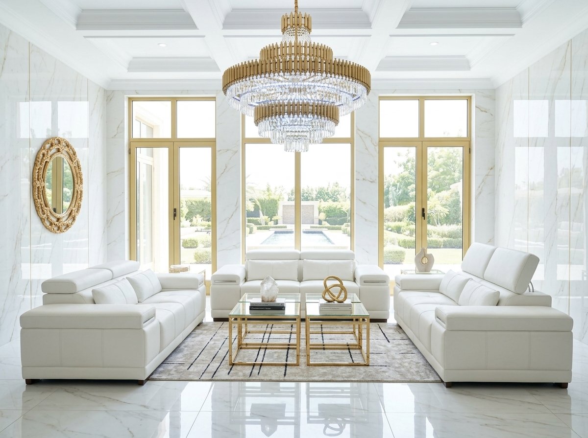 Ensemble Salon Prestige — Cuir Blanc & Finitions Dorées