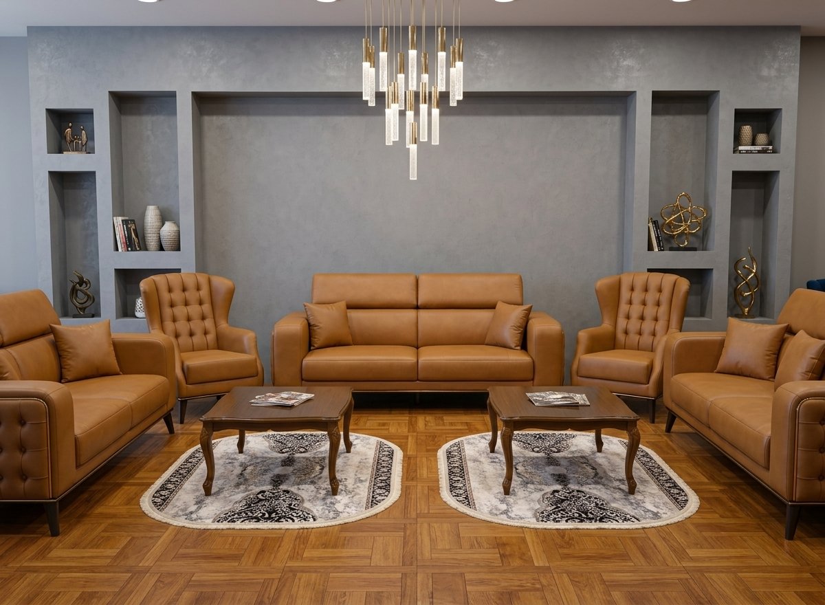 Ensemble Salon Prestige — Cuir Cognac & Capitonnage Classique Ensemble Salon Prestige — Cuir Cognac & Capitonnage Classique