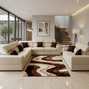 Ensemble Salon Prestige — Cuir Ivoire & Coussins Chocolat