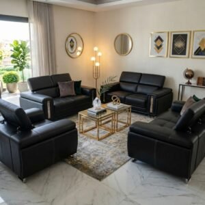 Ensemble Salon Prestige — Cuir Noir & Finitions Dorées