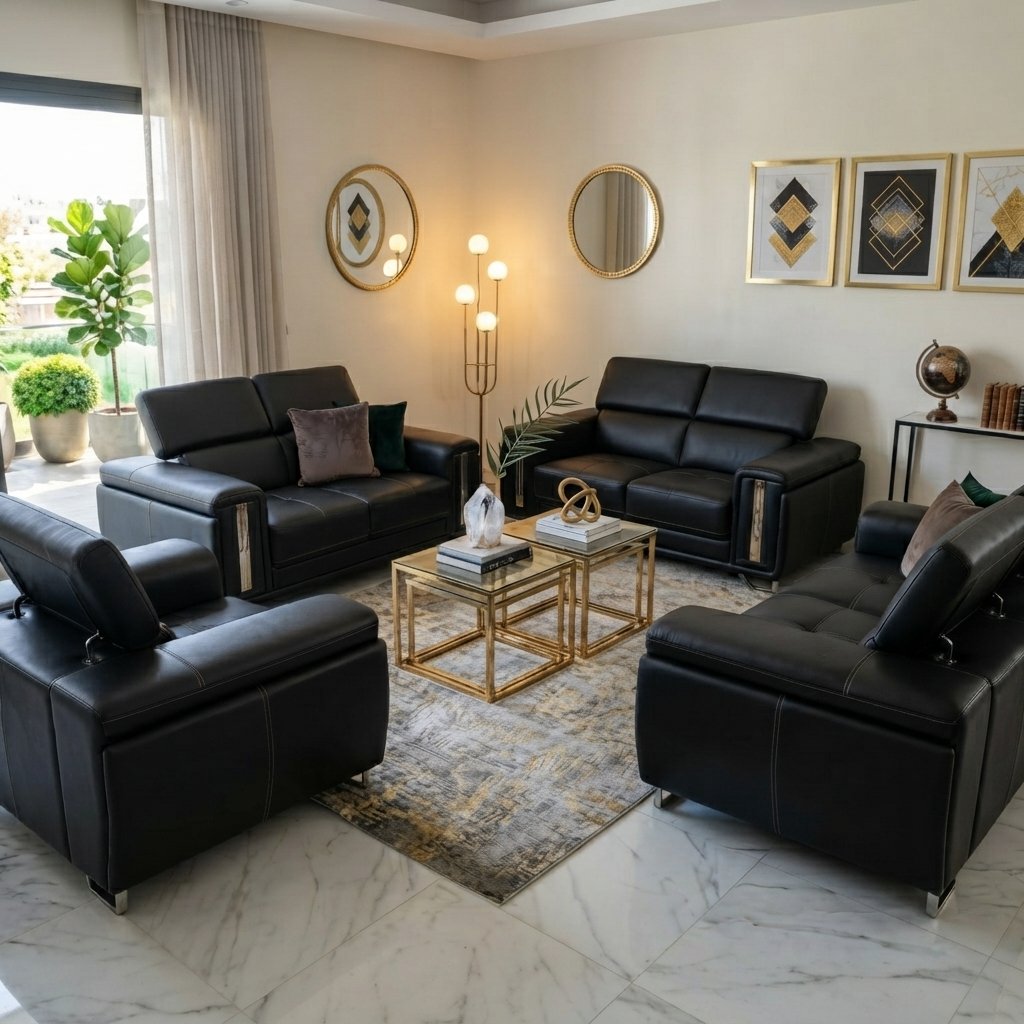 Ensemble Salon Prestige — Cuir Noir & Finitions Dorées Ensemble Salon Prestige — Cuir Noir & Finitions Dorées