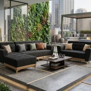 Ensemble Salon Prestige — Noir & Finitions Bois & Dorées