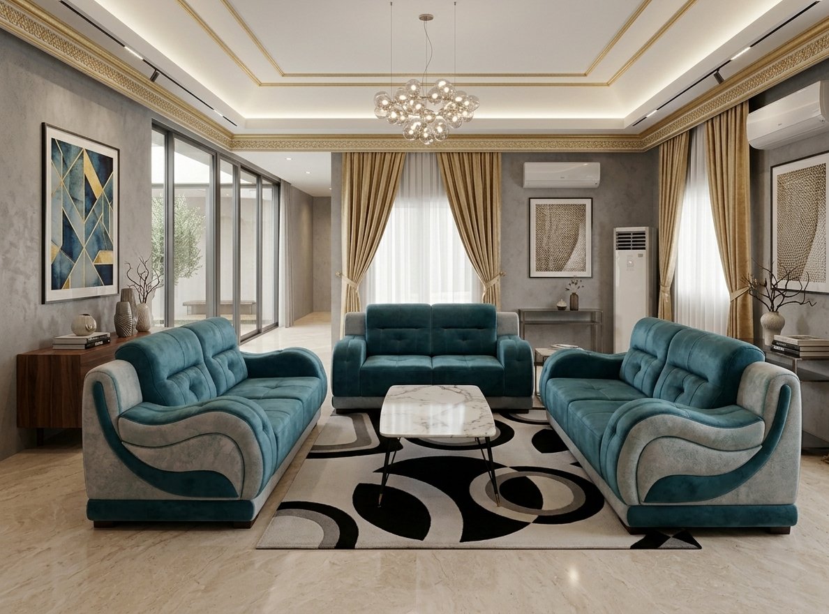 Ensemble Salon Prestige — Velours Bleu Canard & Gris Clair Bicolore