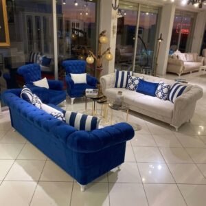 Ensemble Salon Prestige — Velours Bleu Nuit & Ivoire Capitonné