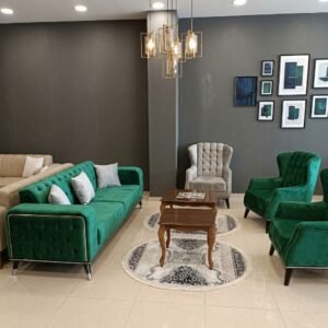 Ensemble Salon Prestige — Velours Émeraude & Fauteuil Gris