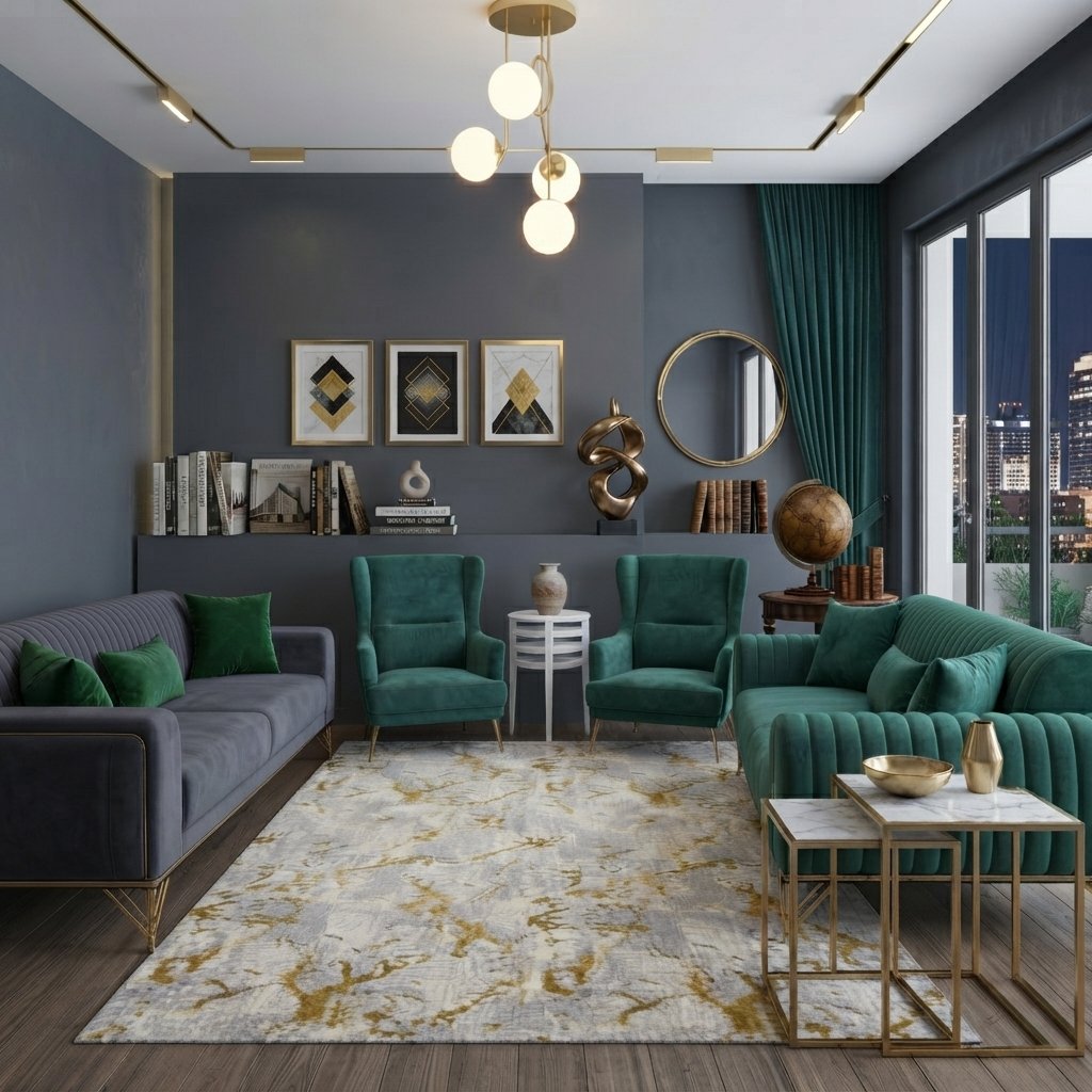 Ensemble Salon Prestige — Velours Émeraude & Gris Anthracite