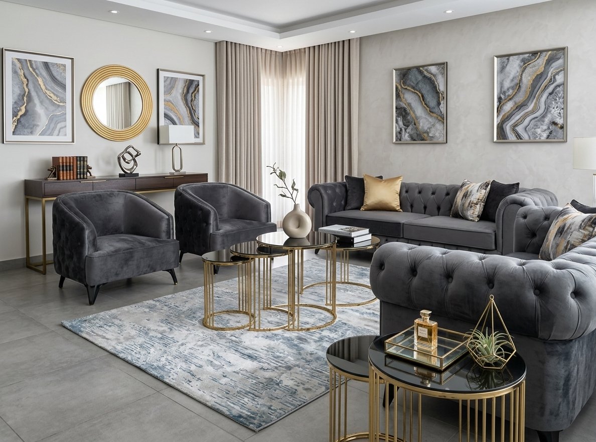 Ensemble Salon Prestige — Velours Gris Anthracite & Capitonnage Classique