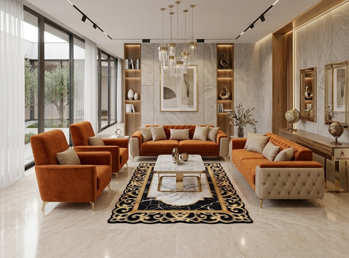 Ensemble Salon Prestige — Velours Terracotta & Écru Capitonnė