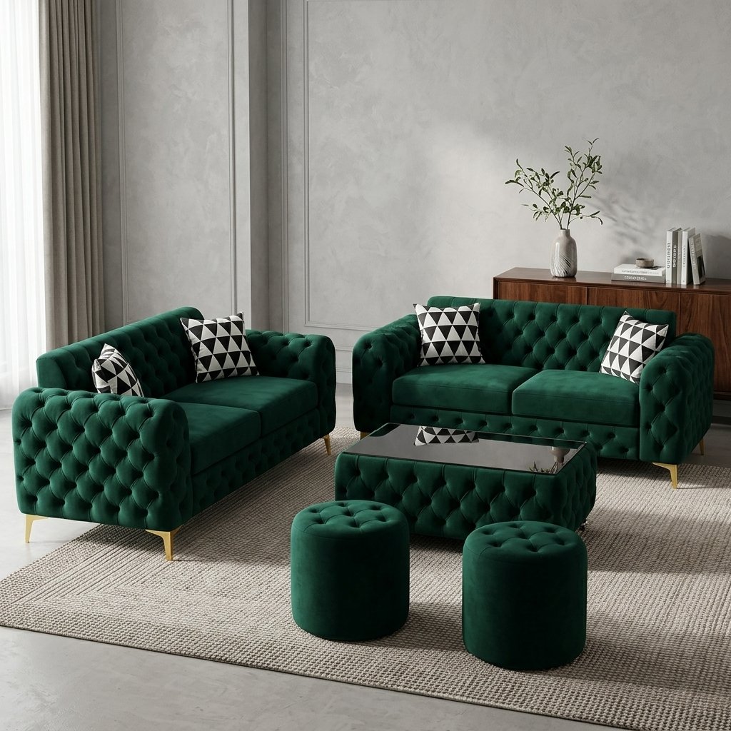 Ensemble Salon Prestige — Velours Vert Émeraude & Capitonné Chesterfield