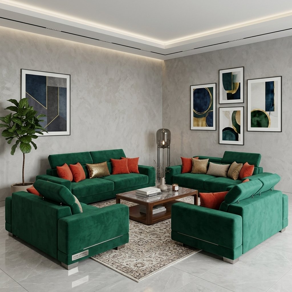 Ensemble Salon Prestige — Velours Vert Émeraude & Coussins Chauds