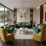 Ensemble Salon Prestige — Velours Vert Émeraude & Fauteuils Moutarde