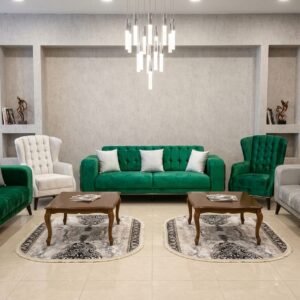 Ensemble Salon Prestige — Velours Vert Émeraude & Nuances Gris-Blanc