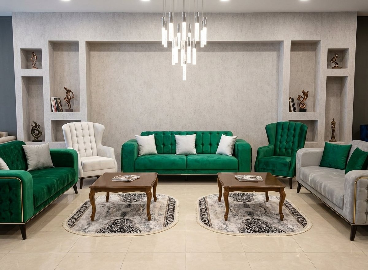 Ensemble Salon Prestige — Velours Vert Émeraude & Nuances Gris-Blanc